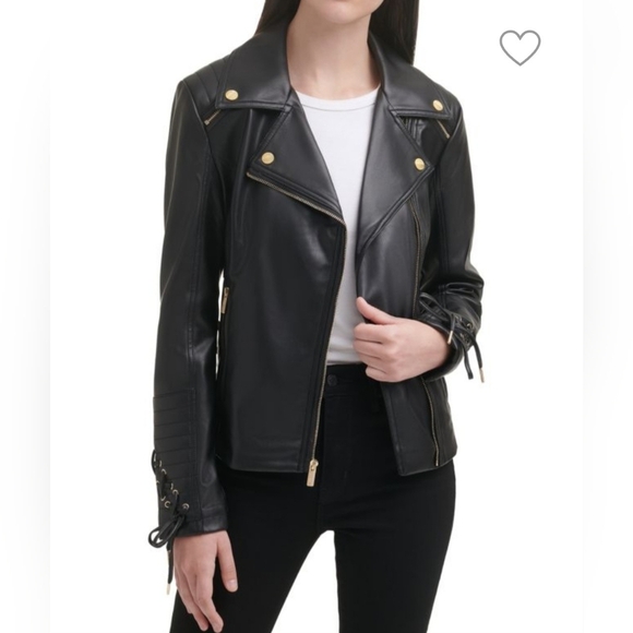 3X GUESS Black and Gold Vegan Leather Zippered Moto Jacket - Picture 2 of 6